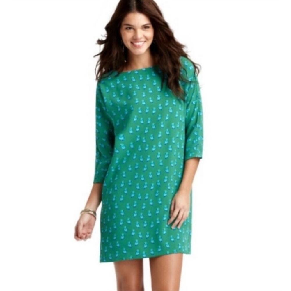 Loft Ann Taylor Shift Dress Bird Novelty Blue Green Small Preppy Chic 1/2 Sleeve
